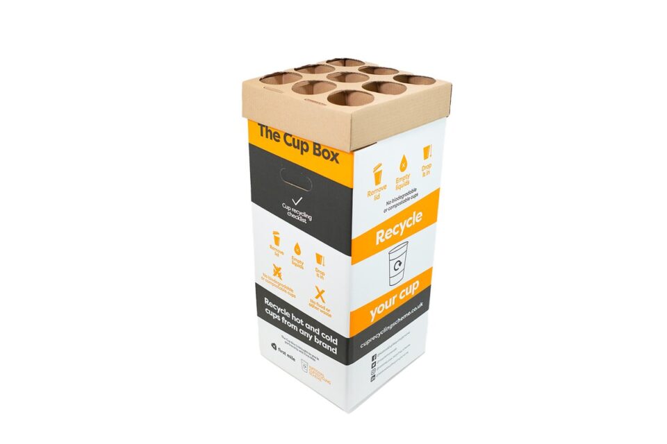 Sustainable Cardboard Cup Holder Bin Solution for The National Cup Recycling Scheme, by Smurfit Kappa and Valpak beverage packaging, cardboard, food and drink packaging, food and drink sustainable packaging, Recyclability, sustainable packaging Food and Beverage Business