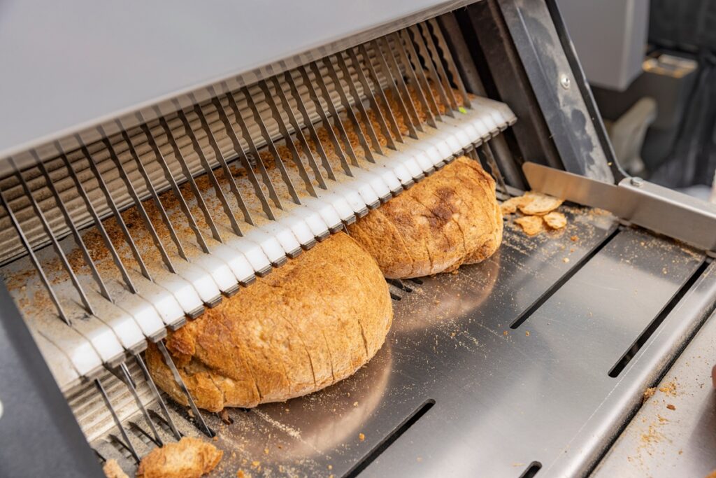 Freshly baked bread in a slicer.